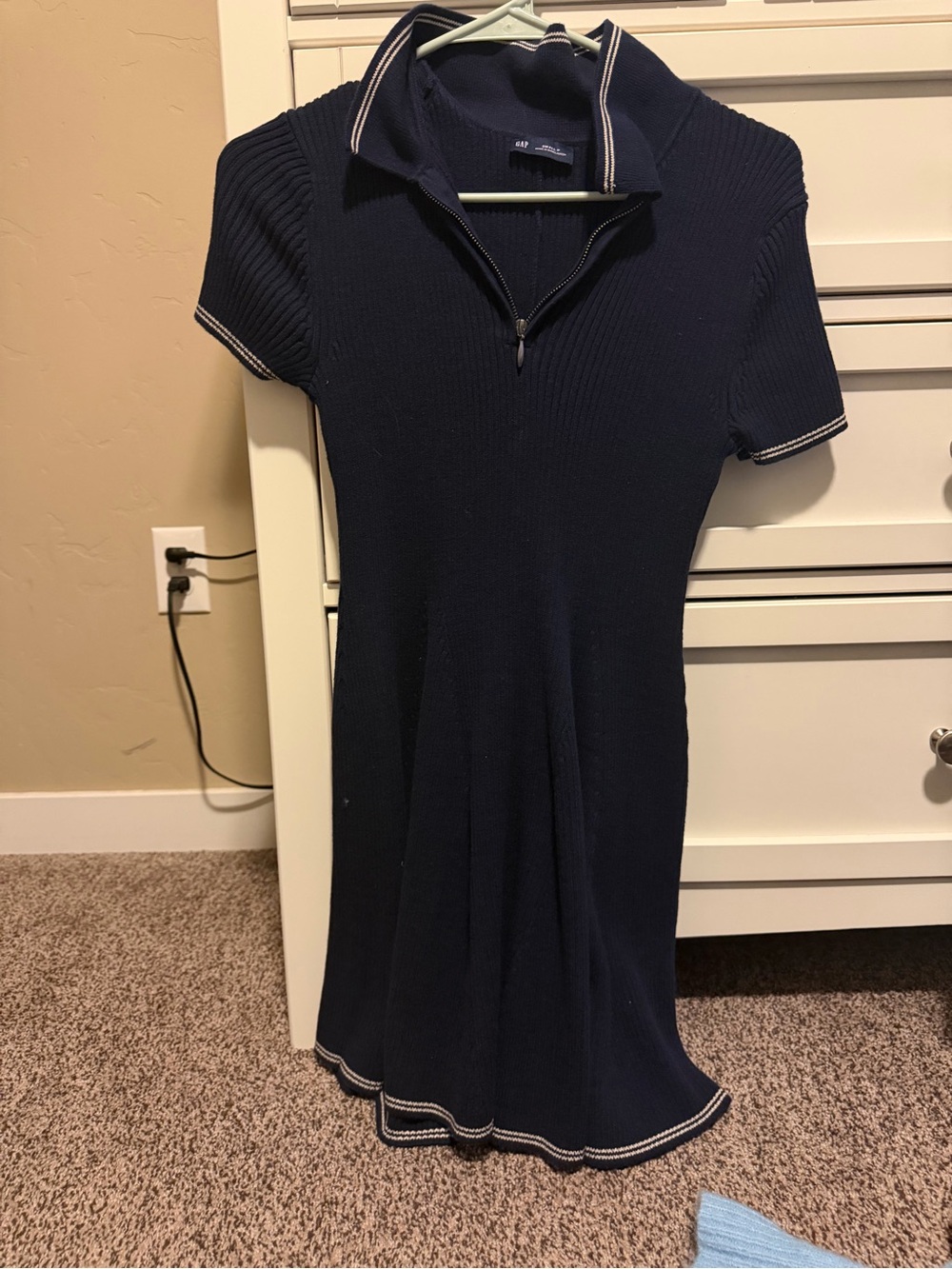 GAP Navy Short-Sleeve Ribbed Zip Polo Dress with White Trim